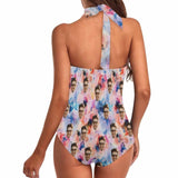 Custom Face Tie Dye Women's Ruched Push Up Halter Swimsuit Personalized One Piece Bathing Suits