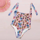 Custom Face Tie Dye Women's Ruched Push Up Halter Swimsuit Personalized One Piece Bathing Suits