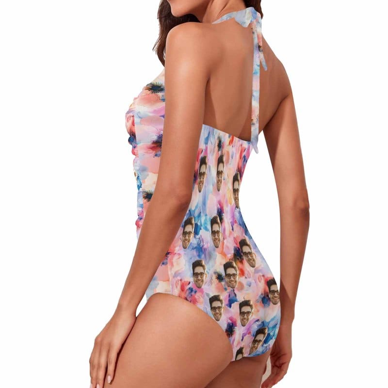 Custom Face Tie Dye Women's Ruched Push Up Halter Swimsuit Personalized One Piece Bathing Suits