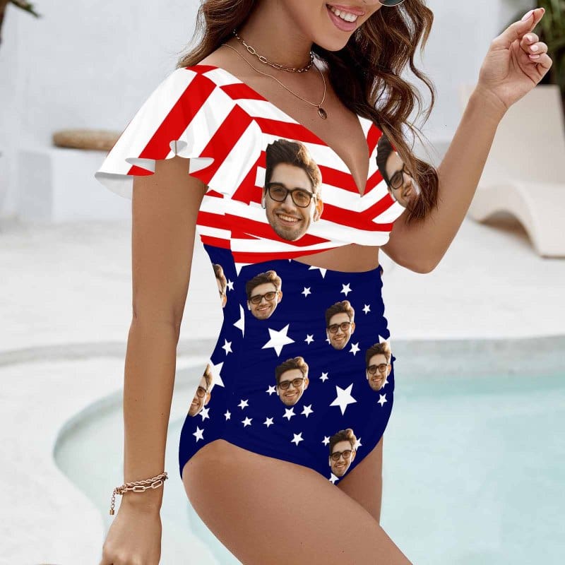 Custom Face US Flag Women's Twist Front Ruffle Sleeve Swimsuit Face Bathing Suit