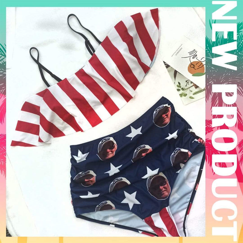 [Top Selling] Custom Face American Flag Personalized Bikini Swimsuit Ruffle Bathing Suits Celebrate Holiday Party