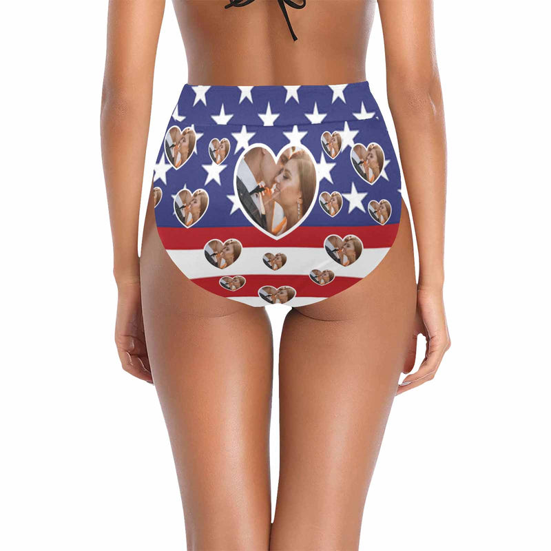 High Waisted Bikini Bottom-Custom Face USA Flag Personalized Photo Bikini Swimsuit Bottom