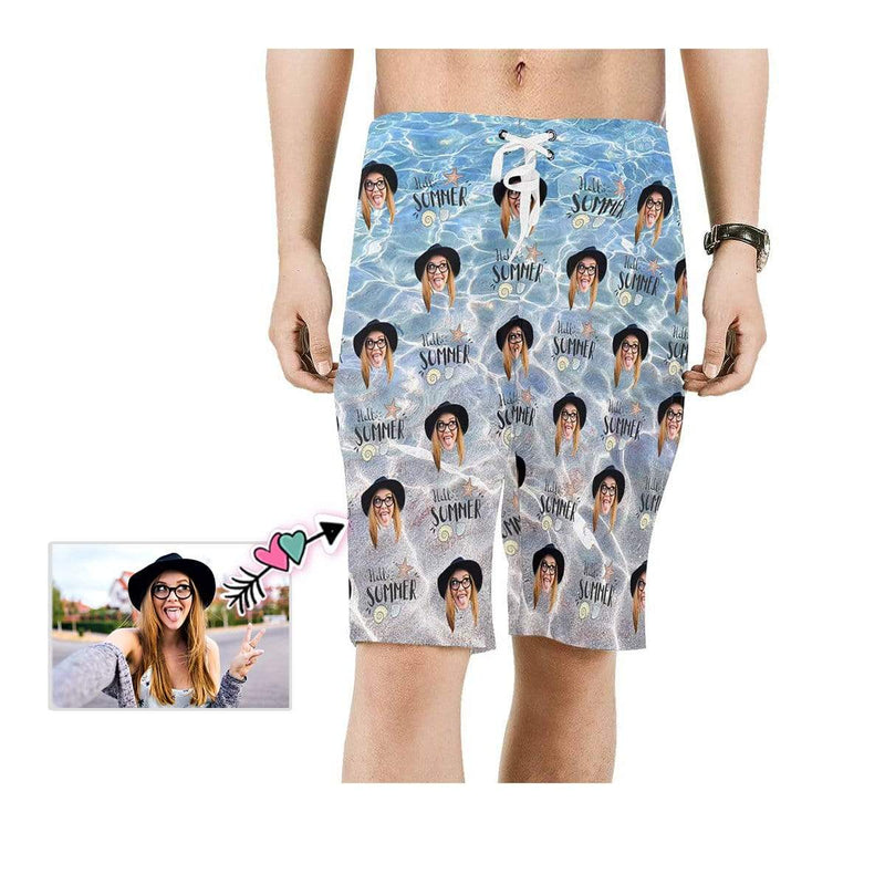 Custom Face Summer Ocean Wave Personalized Photo Men's Beach Short-Drawstring Short