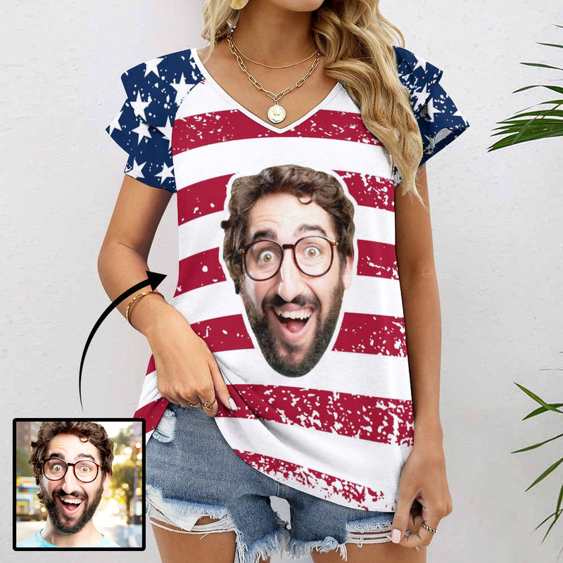 Custom Flag Face Women's T-Shirt Personalized Ruffle Short Sleeve V-Neck T-Shirt