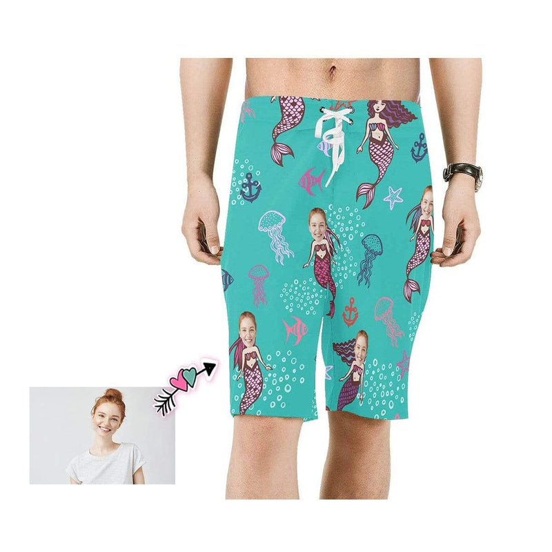 Custom Face Mermaid Personalized Photo Men's Beach Short-Drawstring Short