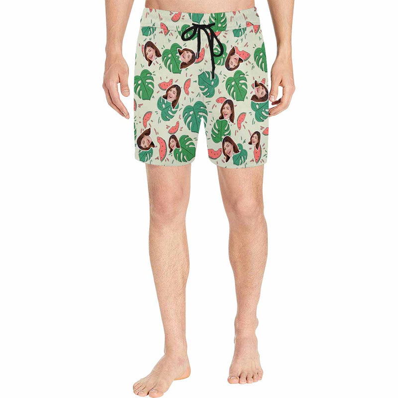 Custom Face Swim Shorts Swim Trunks Personalized Green Leaves Face Swim Trunks