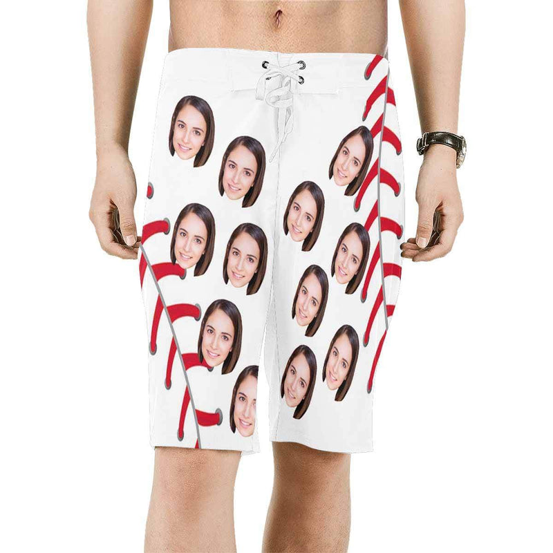 Custom Face Baseball Red White Personalized Photo Men's Beach Short-Drawstring Short