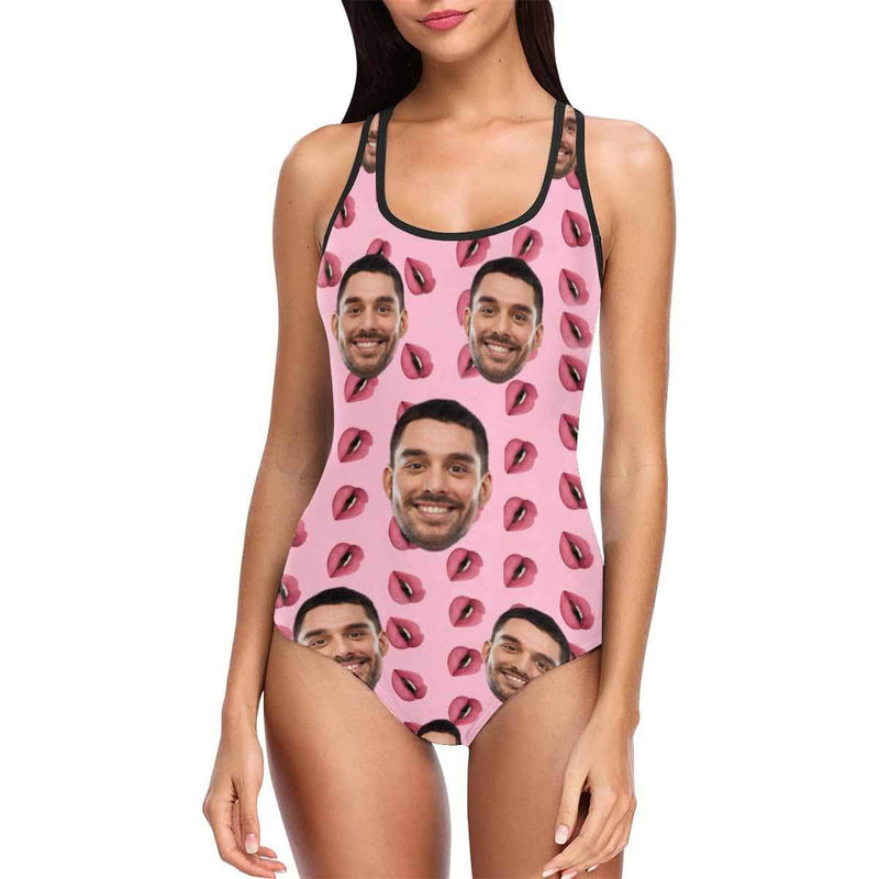 Custom Face Pink Lips Women's Tank Top Bathing Swimsuit