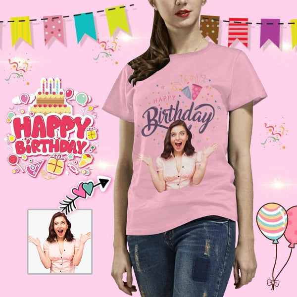 Custom Photo Pink Background Happy Birthday Women's All Over Print T-shirt