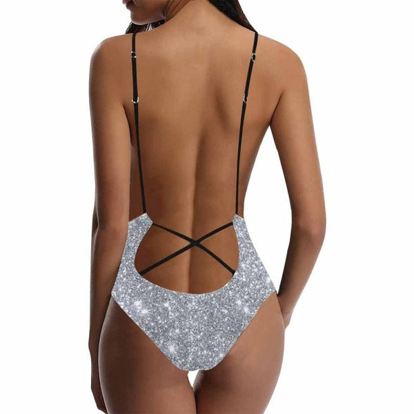 Custom Face Swimsuit Shiny Silvery Personalized Women's Lacing Backless One Piece Bathing Suit For Her