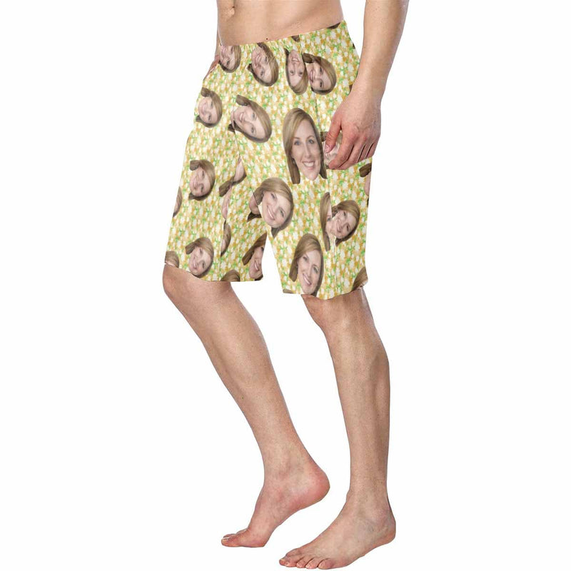 Custom Face Floral Pattern Personalized Photo Men's Elastic Beach Short