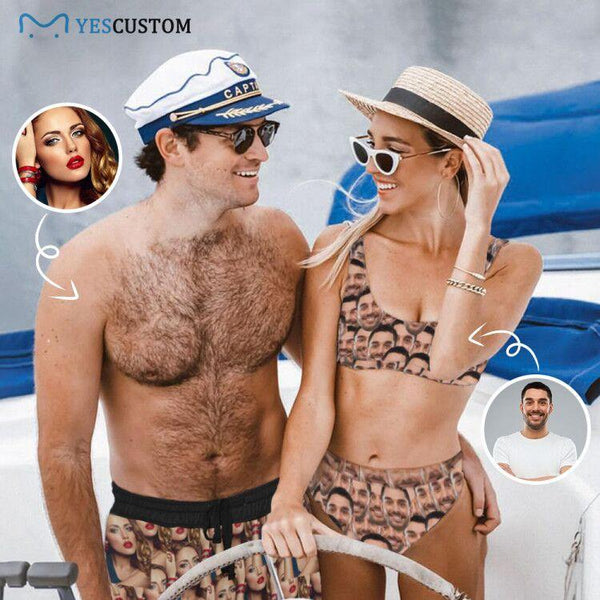 Custom Face Boyfriend Handsome Seamless Couple Matching Swimsuit Women's Bikini Set Men's Swim Shorts