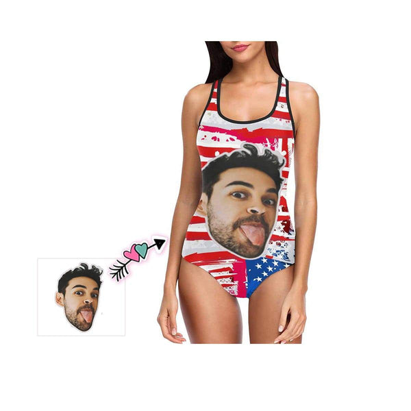 #Independence Day#July 4-Custom Boyfriend Face Swimsuit Personalized USA Flag Women's One Piece Bathing Suit Celebrate Holiday Funny Party