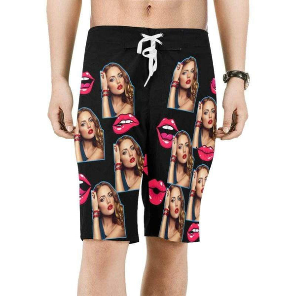 Custom Girlfriend Face Red Kiss Personalized Photo Men's Beach Short-Drawstring Short