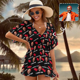 Custom Face Red Heart One Piece Cover Up Dress Personalized Women's Short Sleeve Beachwear Cover up