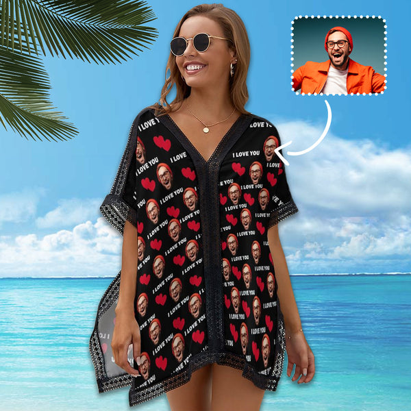 Custom Multi-Face And Red Heart Women's Bikini Swimsuit Cover Up Personalized Photo Beachwear Cover Up