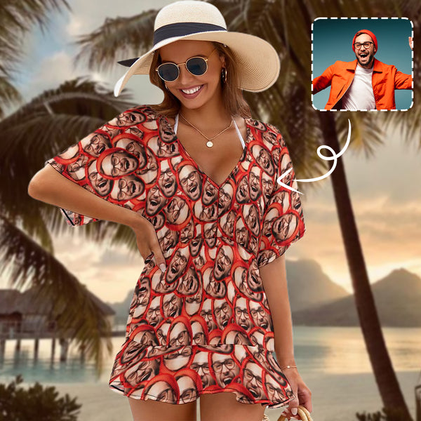 Custom MultiFace One Piece Cover Up Dress Personalized Women's Short Sleeve Beachwear Cover up