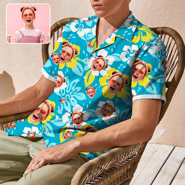 Custom Face Blue Camp Collar Hawaiian Shirt Personalized Men Hawaiian Shirt Photo Tropical Aloha Shirt