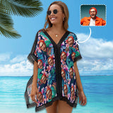 Custom Face Colorful Flower Women's Bikini Swimsuit Cover Up Personalized Photo Beachwear Cover Up