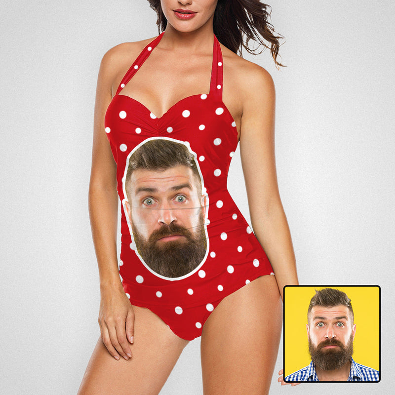 Custom Face White Dots Red Strap One-piece Retro Bikini Swimsuit