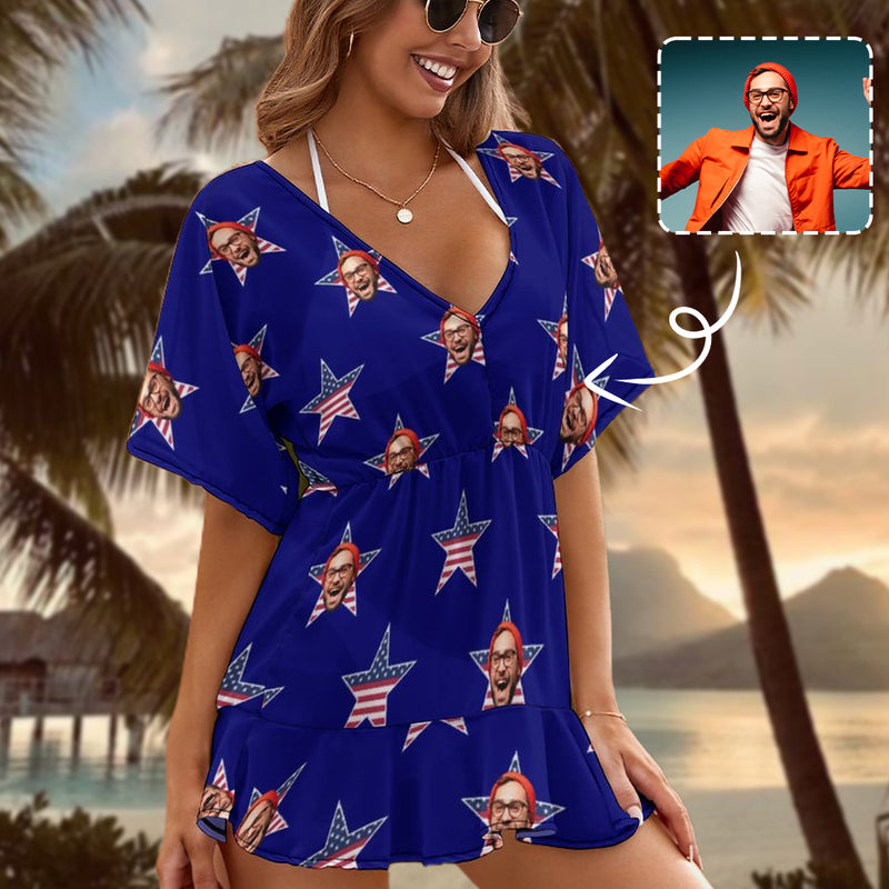 Custom Face Flag Star Blue One Piece Cover Up Dress Personalized Women's Short Sleeve Beachwear Cover up