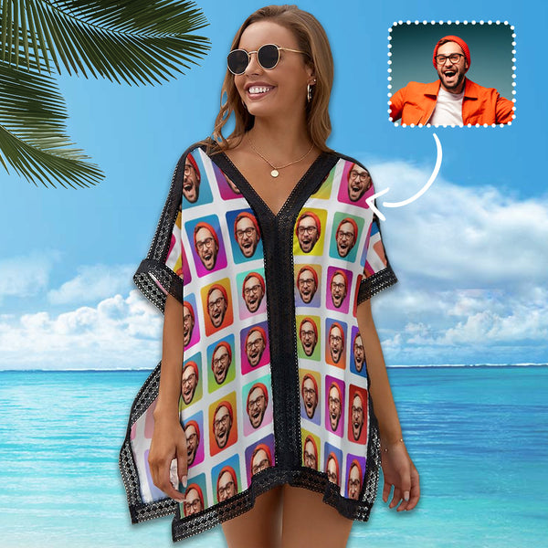 Custom Face Colorful Grid Women's Bikini Swimsuit Cover Up Personalized Photo Beachwear Cover Up