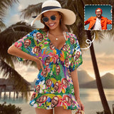 Custom Face Colorful Flower One Piece Cover Up Dress Personalized Women's Short Sleeve Beachwear Cover up