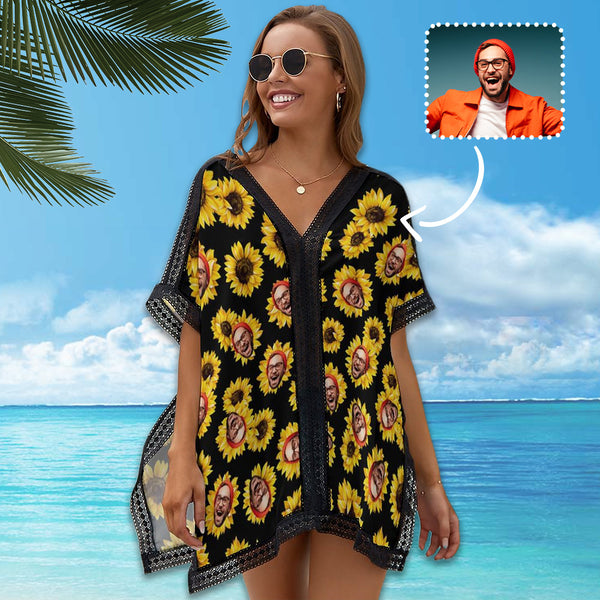 Custom Multi-Face And Sunflower Women's Bikini Swimsuit Cover Up Personalized Photo Beachwear Cover Up