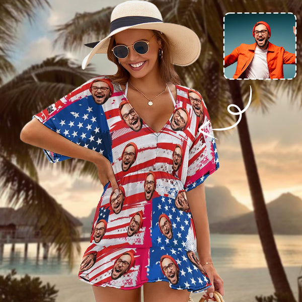 Custom Face Flag One Piece Cover Up Dress Personalized Women's Short Sleeve Beachwear Cover up