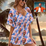 Custom Face Blue And Pink One Piece Cover Up Dress Personalized Women's Short Sleeve Beachwear Cover up