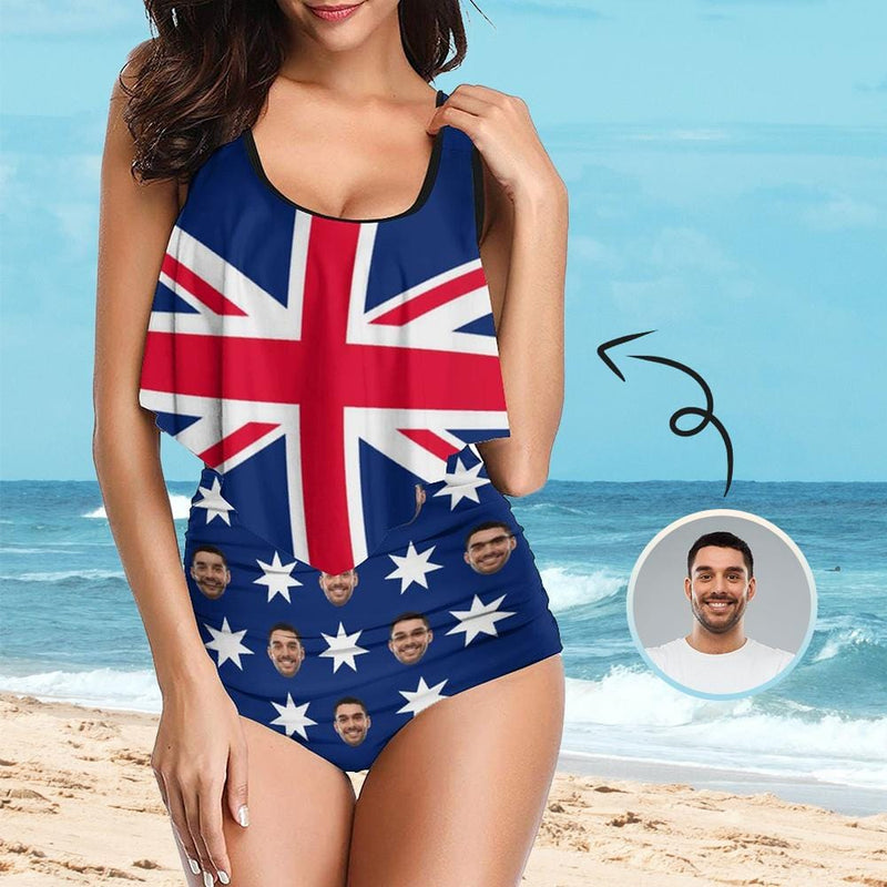 Custom Tankinis Face Australian Flag Bikini Personalized Women's High Waisted Swimsuit Ruffled Top Bathing Suits