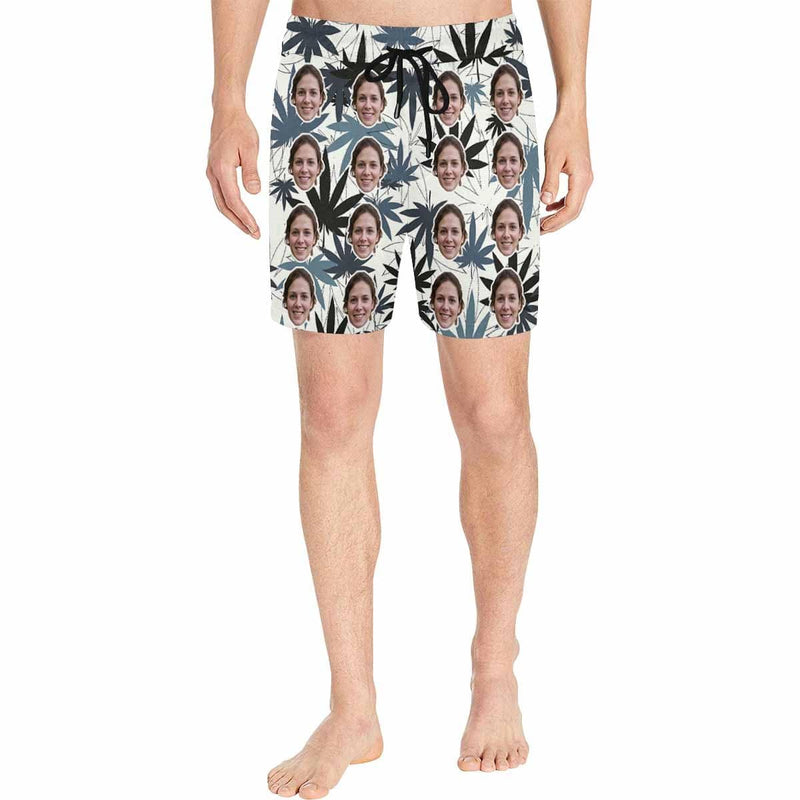 Custom Face Maple Leaf Men's Quick Dry Swim Shorts, Personalized Funny Swim Trunks