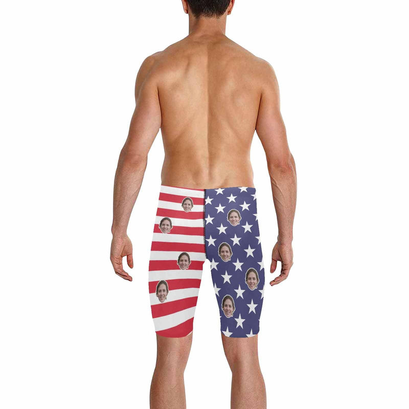 Custom Face American Flag Men's Skinny Stretch Knee Length Swim Trunks