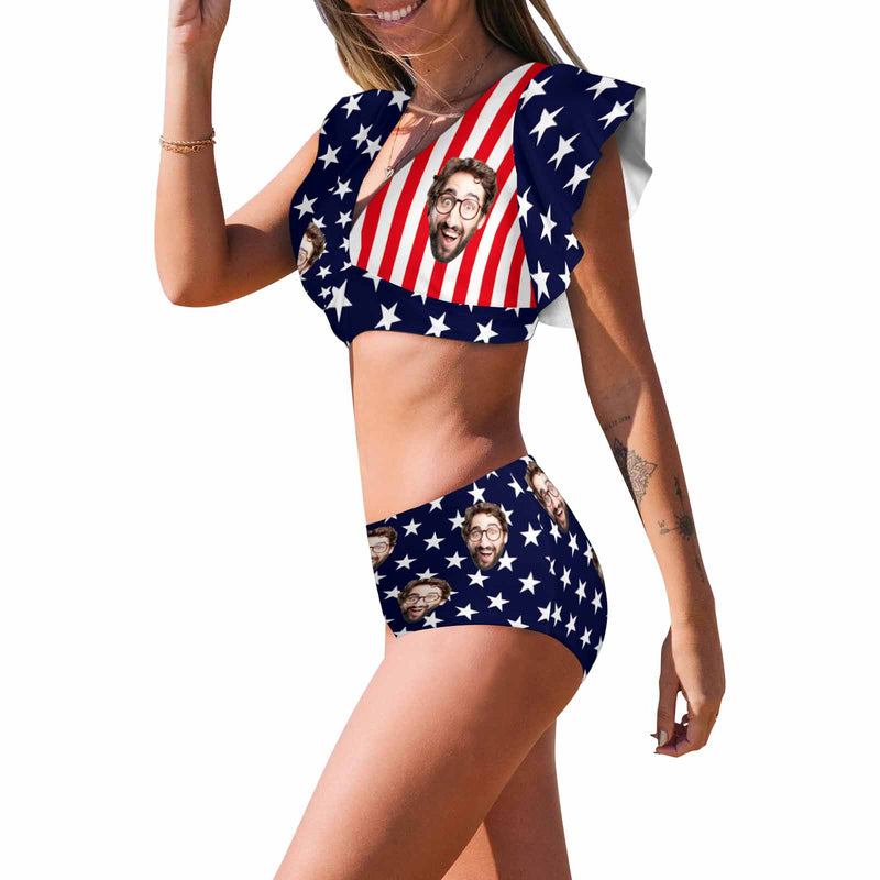 Custom Face Flag Bikini Personalized Flag Women's Ruffle Sleeve Bikini Swimsuit