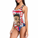 #Independence Day#July 4-Custom Boyfriend Face Swimsuit Personalized USA Flag Women's One Piece Bathing Suit Celebrate Holiday Funny Party