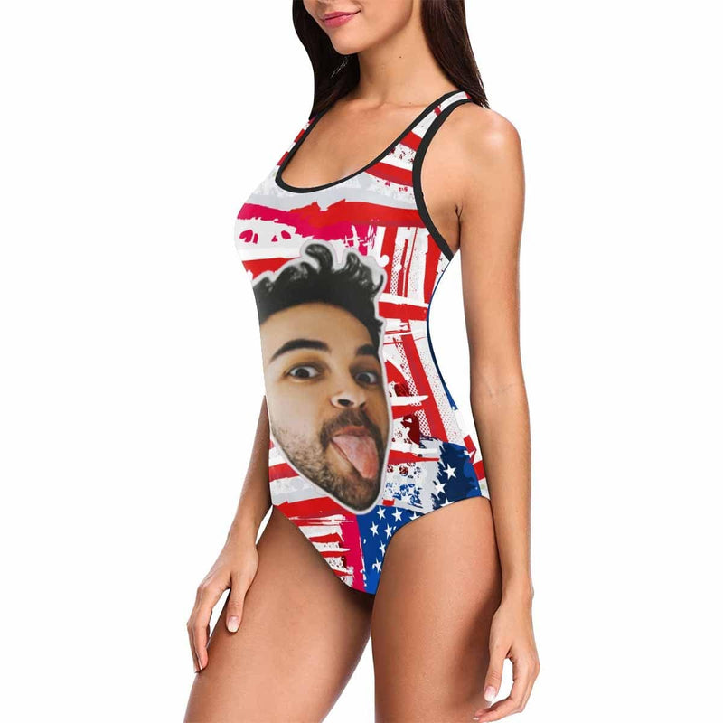 #Independence Day#July 4-Custom Boyfriend Face Swimsuit Personalized USA Flag Women's One Piece Bathing Suit Celebrate Holiday Funny Party