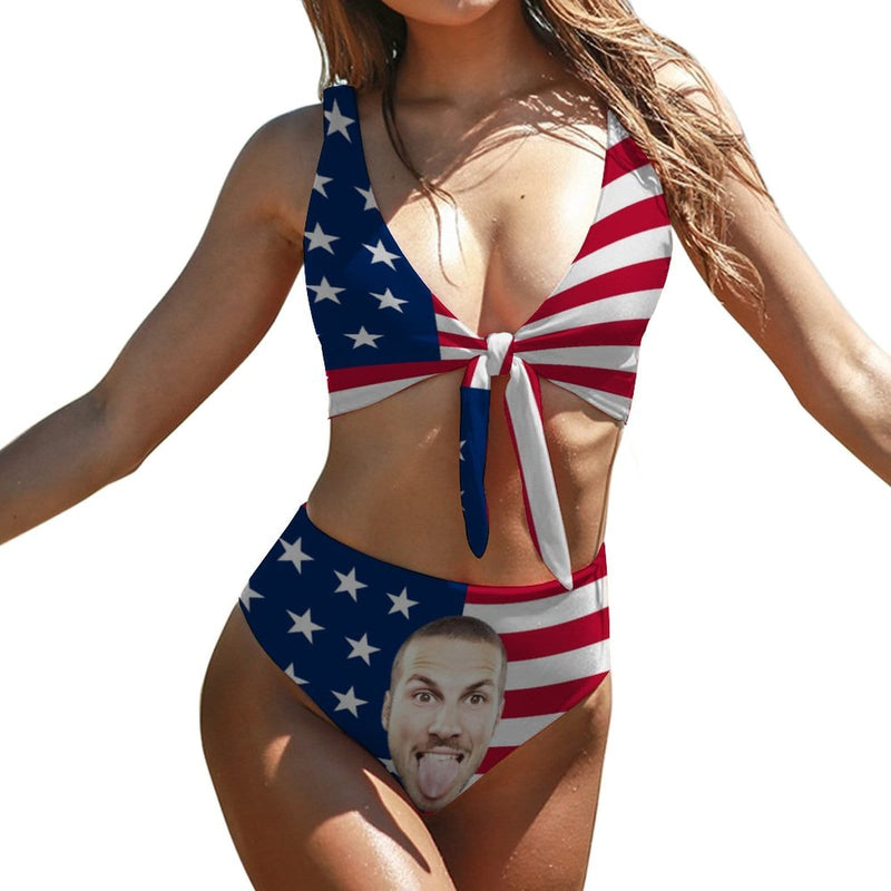 Custom Face Funny Face Flag Bikini Personalized Women's Chest Strap Swimsuit