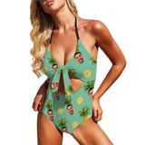 Custom Pineapple Green Face Swimsuit Personalized Women's Backless Bow One Piece Bathing Suit Honeymoons For Her