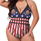 #Plus Size Swimsuit-Custom Face American Flag Swimsuits Personalized Women's New Strap One Piece Bathing Suit Celebrate Holiday