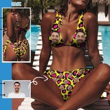 Custom Face Yellow Leopard Women's Back Strap Sexy Bikini Swimsuit Honeymoons For Her