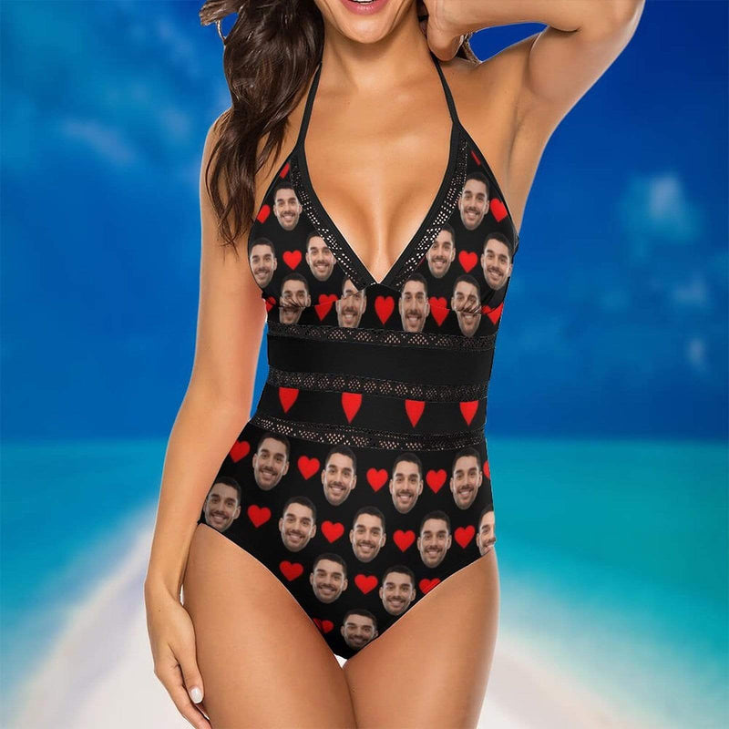 Custom Face Swimsuit Red Heart Personalized Women's New Strap One Piece  Bathing Suit Honeymoons For Her