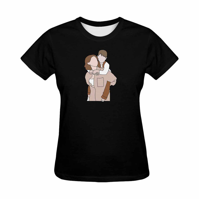 Custom Portrait Outline Shirt, Line Art Photo Shirt For Female, Custom Women's All Over Print T-shirt, Photo Outline Outfit For Mother Black