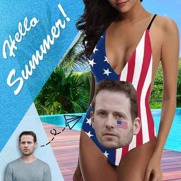 #Flagbathingsuit#Independence Day-Custom Boyfriend Face Swimsuit National Flag Women's One-Piece Bathing Suit Girlfriend Gift