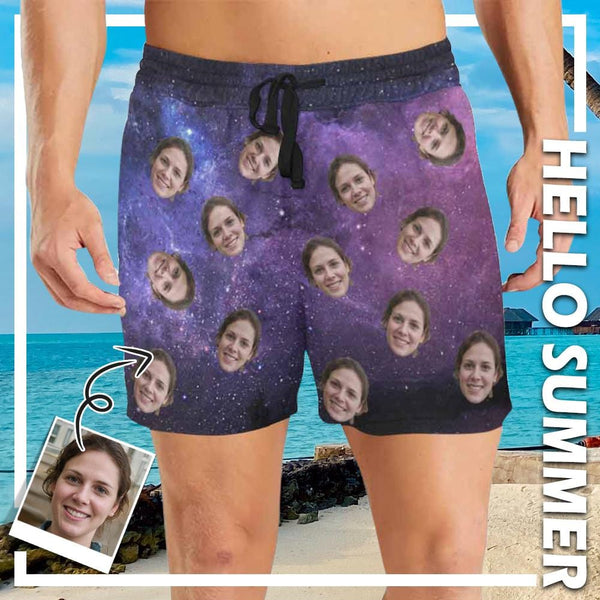 Custom Face Starry Sky Men's Quick Dry Swim Shorts, Personalized Funny Swim Trunks