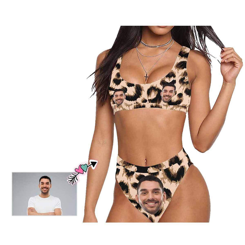 Custom Face Leopard Bikini Personalized Sport Top & High-Waisted Swimsuit Gift for Girlfriend or Wife