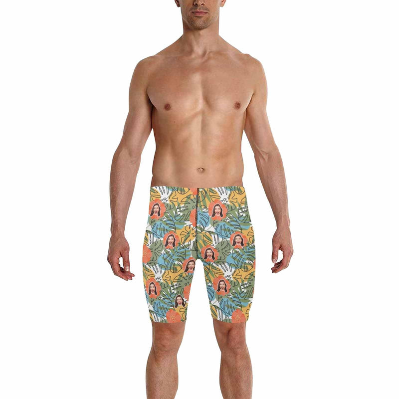 Custom Face Hawaii Style Men's Skinny Stretch Knee Length Swim Trunks