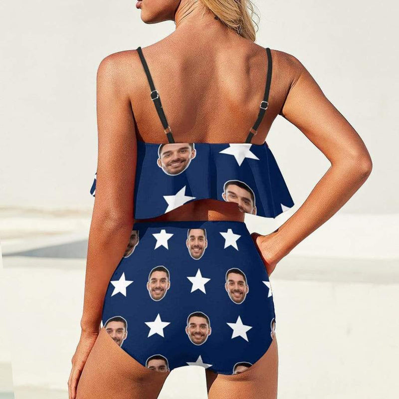 [Top Selling] Custom Face American Flag Personalized Bikini Swimsuit Ruffle Bathing Suits Celebrate Holiday Party