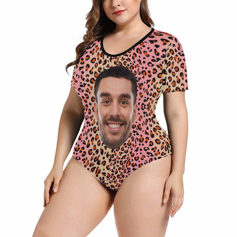 Custom Face Leopard Pink Women's Short Sleeve Bodysuit-Swimsuit-Bathing Suit