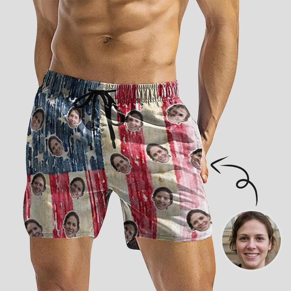 Custom Face Flag Men's Quick Dry Swim Shorts, Personalized Funny Swim Trunks