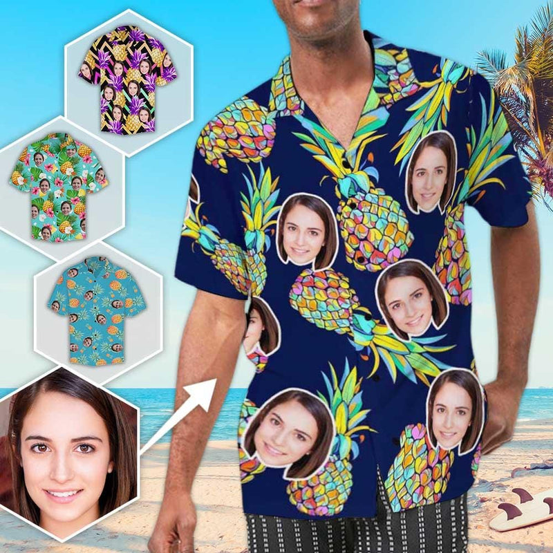 Custom Hawaiian Shirts with Face Design Your Own Hawaiian Shirt Blue Pineapple Birthday Party Gift for Boyfriend